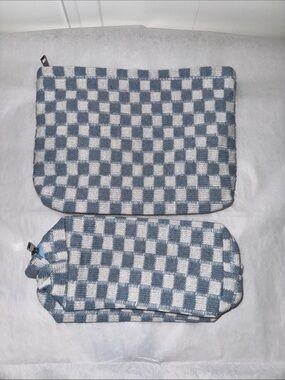 Blue and White Checker Knit Cosmetic Pouch Set